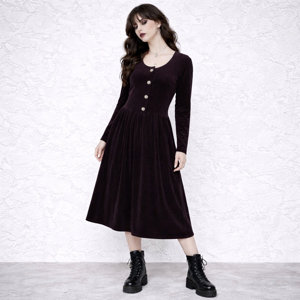 VTG‎ 90s Velvet Midi Dress M Gothic Dark Academia Whimsigoth Burgundy